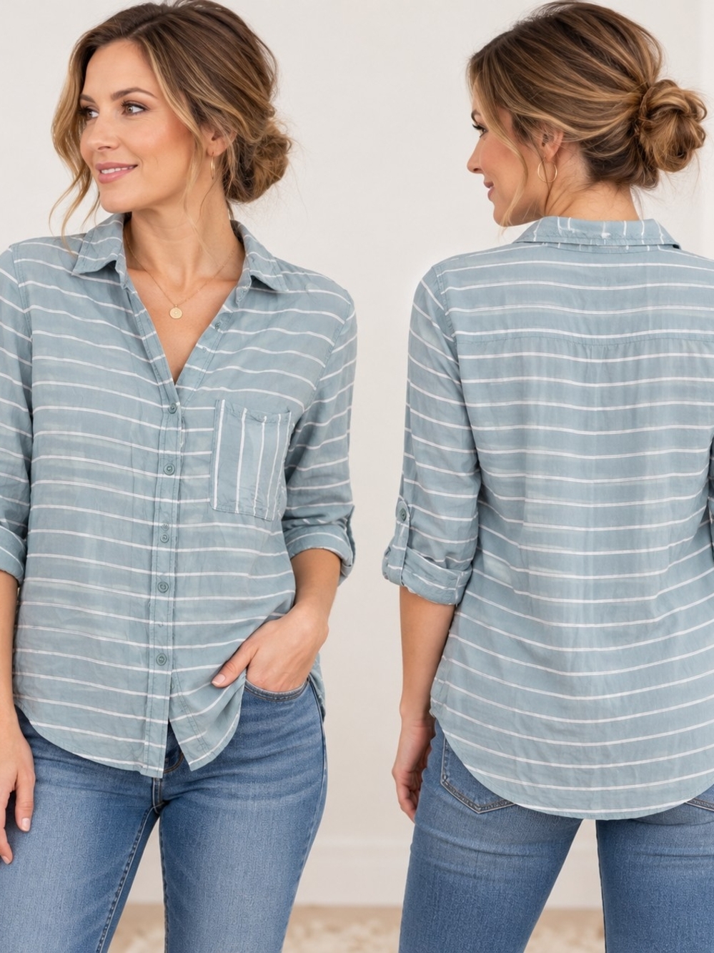 BeachLunchLounge XS/XP Blue White Stripe Button Front Shirt Contemporary Casual